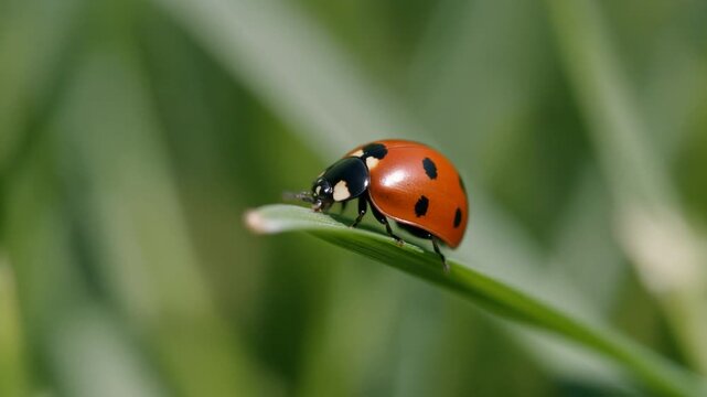 A vibrant ladybug rests peacefully on a slender blade of grass, capturing the beauty of nature