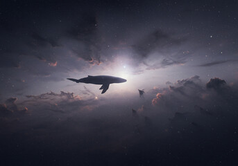 A majestic whale soars through a celestial sky filled with clouds and stars.