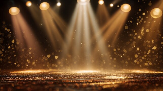 Radiant golden stage illuminated by spotlights and bokeh effects enhancing the spectacle, concept for event presentation, performance promotion and festive background usage