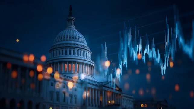 Illuminated government building dome merges with abstract financial data visualization at night
