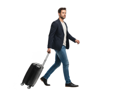 Businessman in casual attire pulling suitcase, walking confidently isolated on transparent background