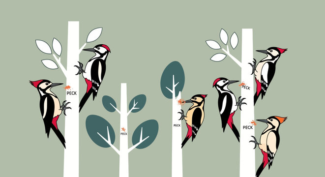 Woodpeckers pecking trees in a forest scene