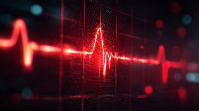 Abstract glowing red heartbeat pulse on digital grid background, concept for medical technology visualization, healthcare monitoring and data analysis