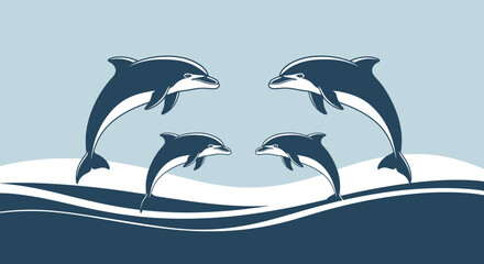 Fototapeta premium Four playful dolphins jumping from ocean waves