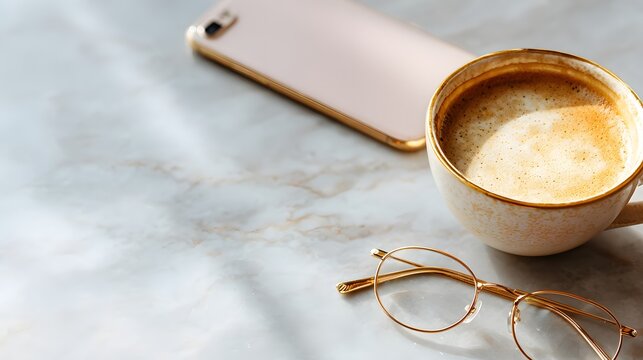 Stylish morning essentials are arranged on a light marble surface with gentle sunlit shadows.