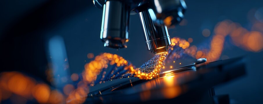 Close-up of a microscope examining a stylized glowing DNA strand on a slide, concept for genetic research, medical technology innovation and pharmaceutical development