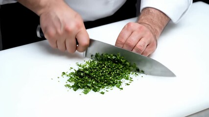 Professional chef hands finely chopping fresh green herbs with a knife - Powered by Adobe