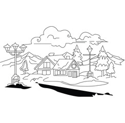 Fototapeta premium Winter Wonderland line Art. Winter street scene with simple line art, snow, and decorated buildings 
