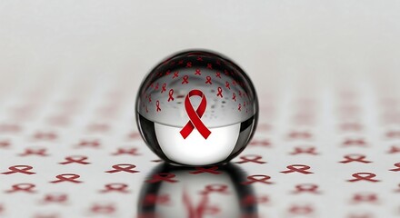 Red ribbon in glass sphere, reflection of global aids awareness