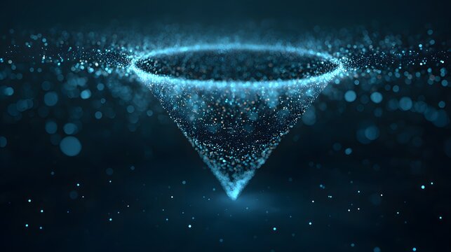 Glowing blue particles form a funnel shape against a dark background