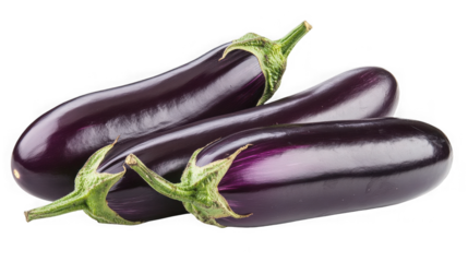 Three fresh eggplants isolated on transparent background in a studio shot