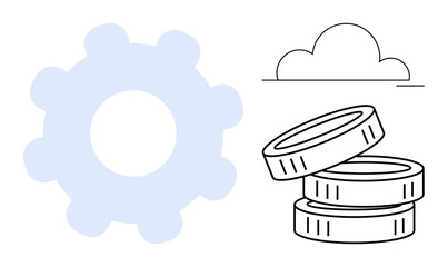 Gear for processes, cloud for online platforms, and stack of coins for finance. Ideal for tech, cloud computing, innovation, business operations, financial systems, investments and digital economy