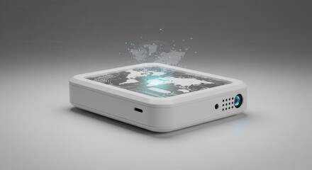 Compact electronic device projects a glowing holographic world map above its surface