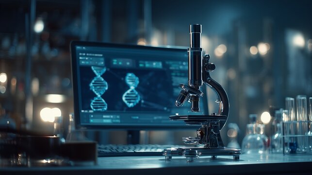 Microscope on a lab table next to laptop displaying DNA strands, illuminated by soft glow. Concept for genetic research, medical diagnostics and scientific innovation - Powered by Adobe