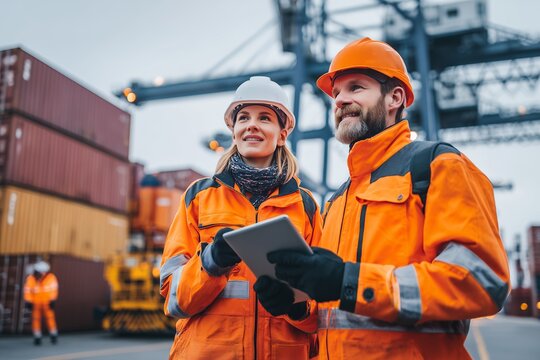 Two port workers with helmets and orange workwear using tablet in a container terminal yard. Concept for supply chain logistics, global trade solution and industrial management