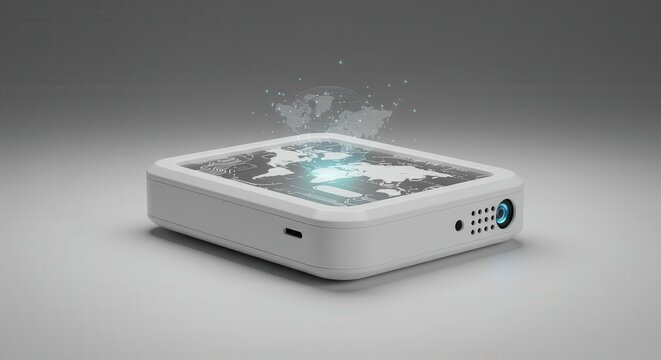 Compact electronic device projects a glowing holographic world map above its surface - Powered by Adobe