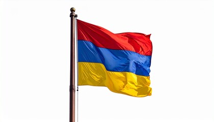 "Armenia’s national flag waving against a white backdrop, showcasing its bold red, blue, and orange horizontal stripes—symbolizing resilience, peace, and creativity."