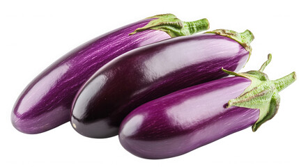 Three fresh eggplants isolated on transparent background, ready to be cooked
