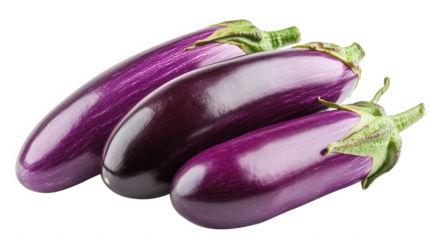 Three fresh eggplants isolated on transparent background, ready to be cooked