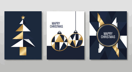 Geometric Christmas cards with tree and ornaments in gold and dark blue.