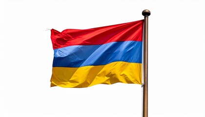 "Armenia’s national flag waving against a white backdrop, showcasing its bold red, blue, and orange horizontal stripes—symbolizing resilience, peace, and creativity."