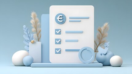 Three dimensional digital illustration depicts financial task completion on a stylized checklist interface