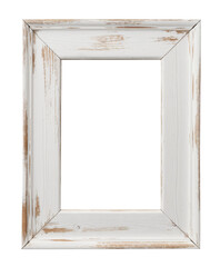 distressed white wooden frame on white background.