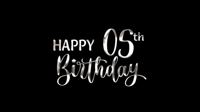 5th happy birthday text animation in silver metallic effect. suitable for birthday celebrations, social media posts, and greeting cards. Includes alpha channel for any background.