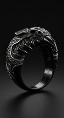 Fototapeta premium Intricate gothic style metallic band featuring detailed creature head ornamentation