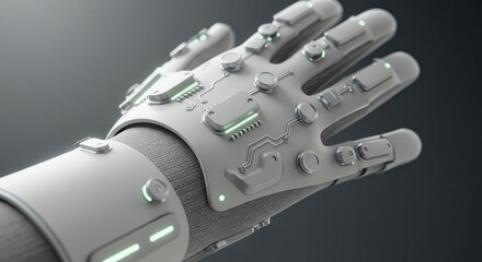 Advanced wearable technology features intricate circuitry integrated into a sleek prosthetic or smart glove design