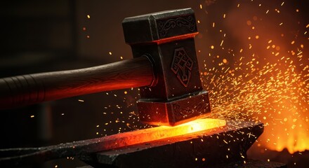 Forging hot metal on an anvil generates a dramatic shower of bright orange sparks