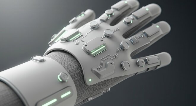 Advanced wearable technology features intricate circuitry integrated into a sleek prosthetic or smart glove design - Powered by Adobe