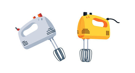 Fototapeta premium Two vibrant hand mixers, one silver and one yellow, ready for your kitchen creations and culinary adventures.