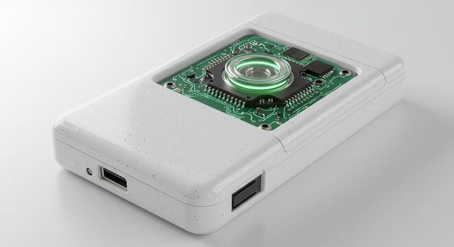 Compact electronic device casing reveals internal circuit board and glowing optical component