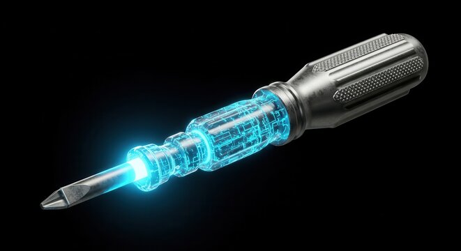 Illuminated metallic tool glows with internal digital circuitry against a dark background - Powered by Adobe