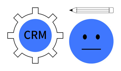 CRM gear for process automation, pencil representing note-taking, neutral face for user satisfaction. Ideal for CRM strategy, team collaboration, customer satisfaction, organization, technology