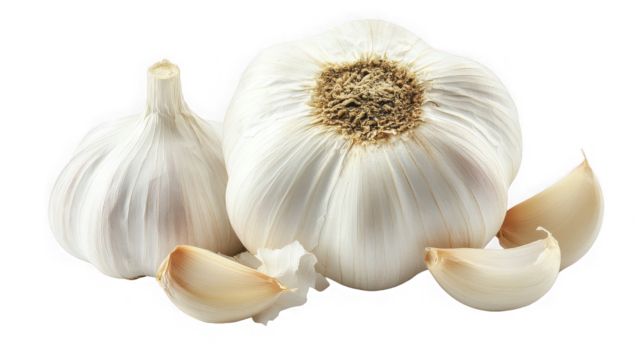 Two garlic bulbs and cloves isolated on transparent background, closeup shot