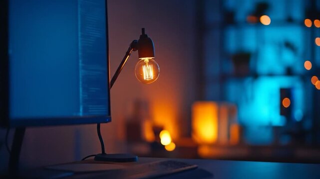 Desktop computer with a desk lamp, keyboard, and bokeh lights in the background