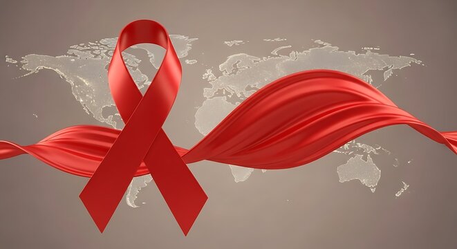 Global red ribbon awareness symbol with world map background - Powered by Adobe