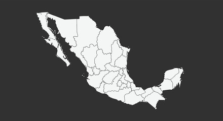 A clear political map of Mexico, distinctly outlining all its federal states and their borders on a dark gray background.