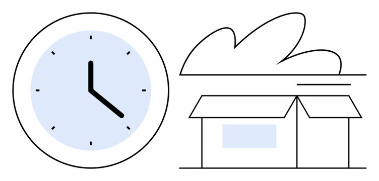 Wall clock and shipping box with a cloud illustrating punctuality, efficiency, and delivery timing. Ideal for logistics, e-commerce, supply chain, scheduling, time management, delivery services