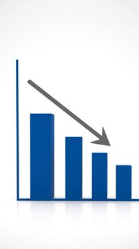 A blue bar graph showing a downward trend with a gray arrow on a white background