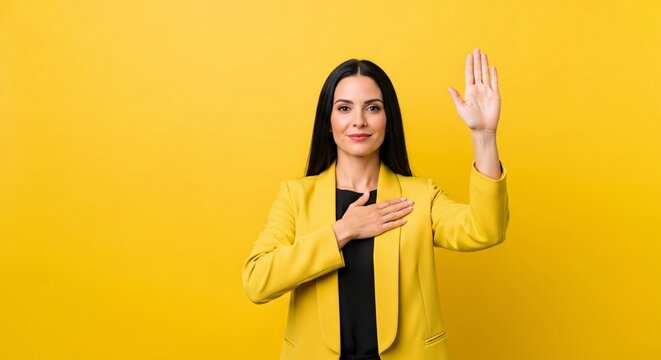 Confident woman taking oath with hand on heart, honesty pledge and commitment gesture on yellow background.