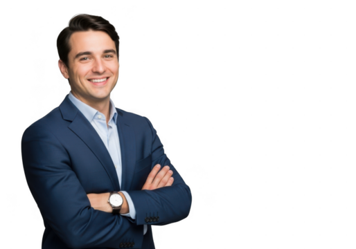 Confident professional man in suit standing with arms crossed isolated on transparent background