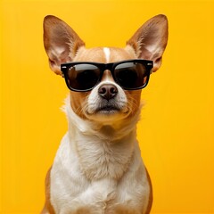 Chihuahua wearing sunglasses on a vibrant yellow background