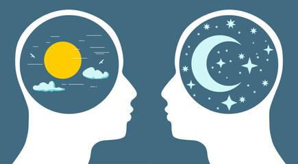 Obraz na płótnie Canvas Neurodiversity in men. Logic. Thinking brain. Brainstorming. People with different skills, mindsets or psychological features. Abstract human head profile. Differences in personality characteristics.