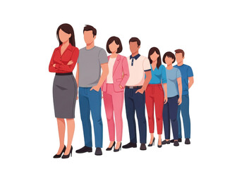 Fototapeta premium Diverse group of seven people standing together in business and casual attire isolated on transparent background