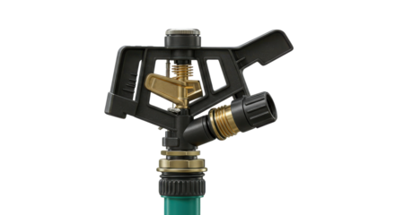 Close up of professional impact sprinkler head used for home garden or agricultural irrigation isolated PNG with Transparent Background