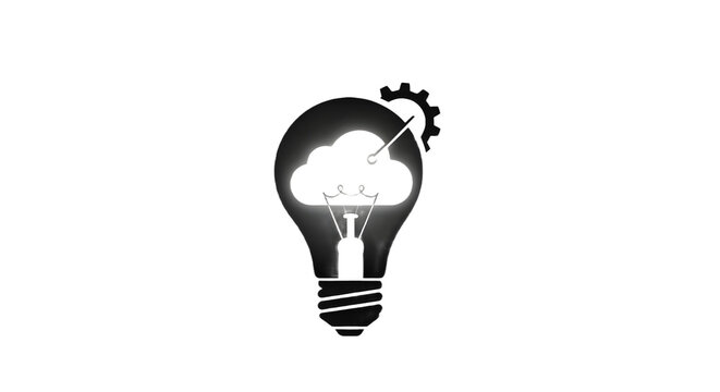 A black lightbulb with a white cloud inside and a gear on top isolated on a white background