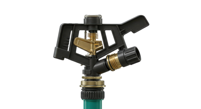 Close up of professional impact sprinkler head used for home garden or agricultural irrigation isolated PNG with Transparent Background